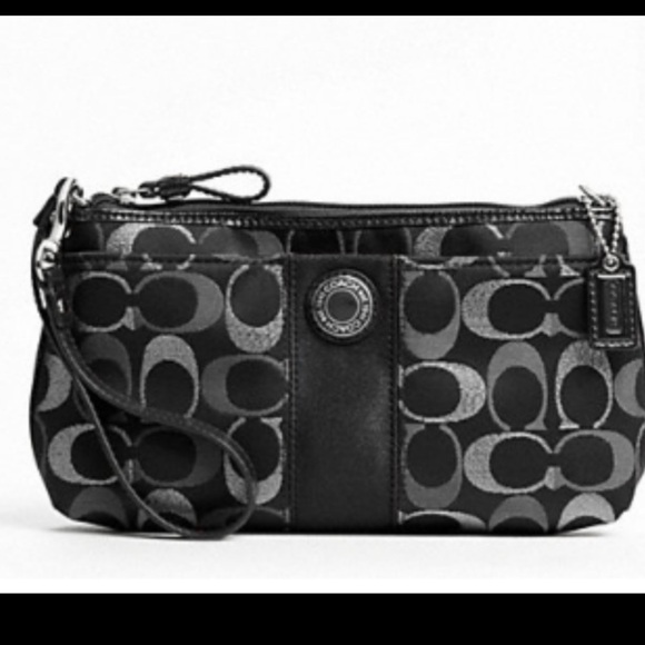 Coach signature stripe 3 color metallic signature large logo wristlet black - Picture 1 of 8
